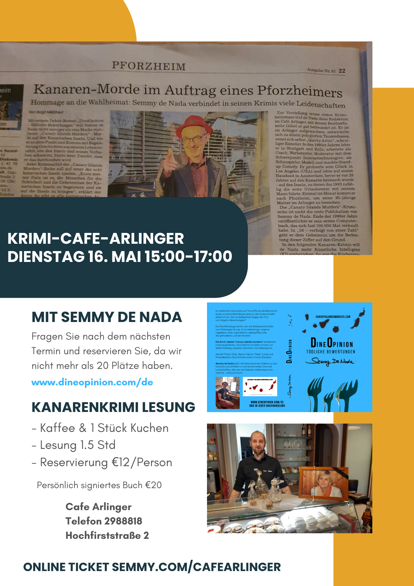 Krimi-Lesung in Pforzheim am 16. Mai 2023 im Cafe Arlinger