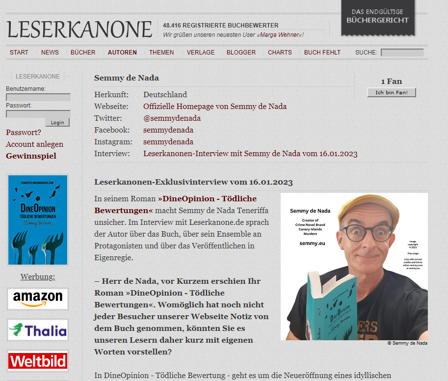 New Interview Online At Leserkanone (Big German Book Portal)